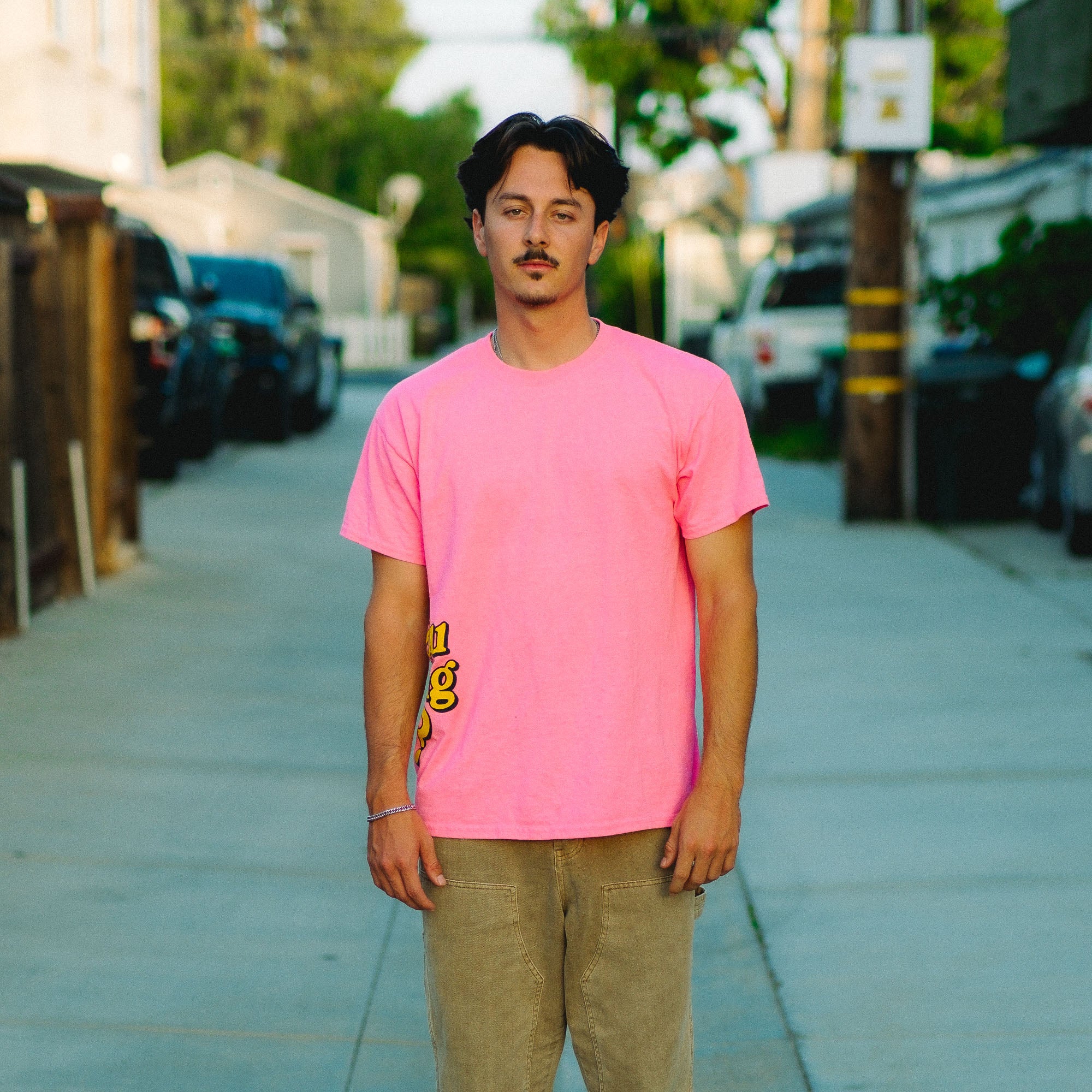 Hip Print Script Tee - Neon Pink